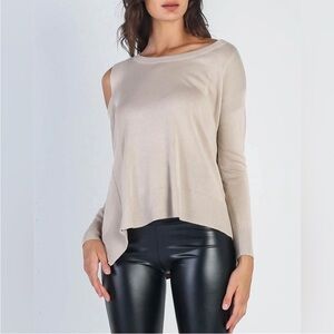 UNIQ Soft Knit Taupe Long Sleeve Cold Shoulder Top With Asymmetrical Hem